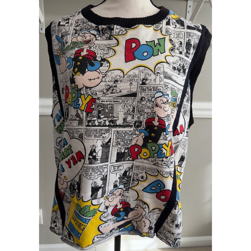 Popeye the Sailor Man Comic Strip Print Sweater Vest Graphic Knit Tank Top L